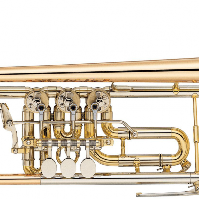 Trompete dourado com pistões prateados