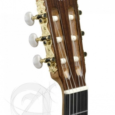 Cabeça de guitarra clássica com madeira escura e tarraxas douradas