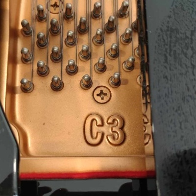 Parte interna dourada de piano de cauda com código C3 e pregos metálicos