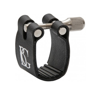 Abraçadeira preta para instrumento musical com parafuso metálico prateado e logo BG branco