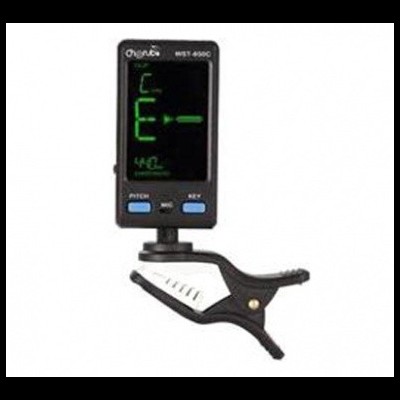 Afinador digital clip-on preto com visor verde e botões azuis