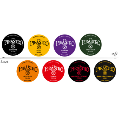 Oito potes coloridos de resina para arco da marca Pirastro com texto e cores distintas.