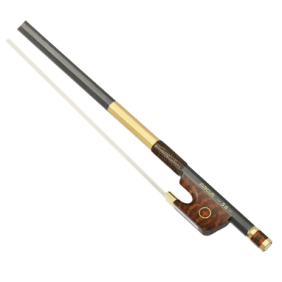 Arco para violino com madeira castanha e detalhes dourados e texto CIRCUS 7.5 SP