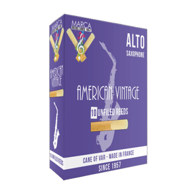 Caixa roxa de palhetas American Vintage para saxofone alto com texto e imagem de saxofone.