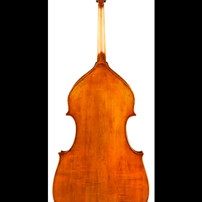 Contrabaixo de madeira castanha alaranjada visto de costas