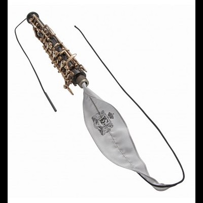 Oboé com capa protetora cinzenta e decoração metal dourado