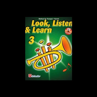Capa de livro para trompete com trompete ilustrado e texto Look, Listen & Learn 3