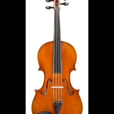 Violino em madeira castanho alaranjado com quatro cordas e detalhes pretos