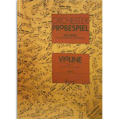 Capa amarela com notas musicais e texto em inglês e alemão sobre partitura de violino