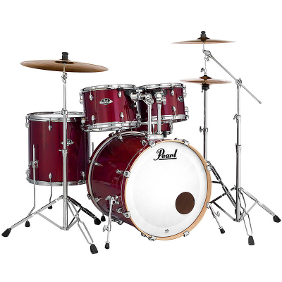 Bateria acústica vinho com tambores, bombo PEARL branco e pratos metálicos dourados