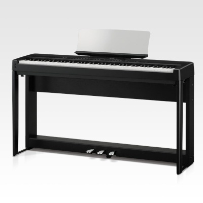 Piano digital preto com teclado e suporte para partituras