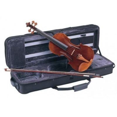 Violino castanho num estojo preto forrado a veludo cinzento com arco