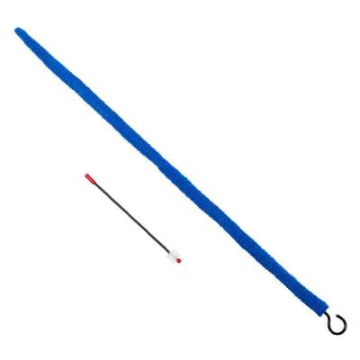 Conjunto com cabo azul revestido, gancho preto e uma pequena haste preta com ponta vermelha e branca