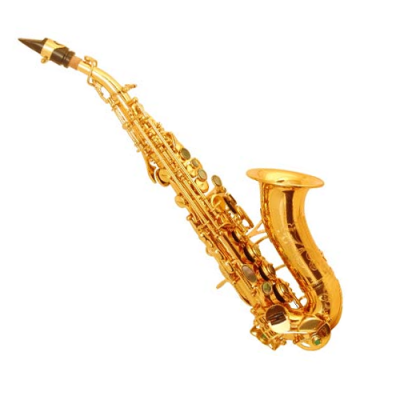 Saxofone tenor dourado com bocal preto em fundo branco