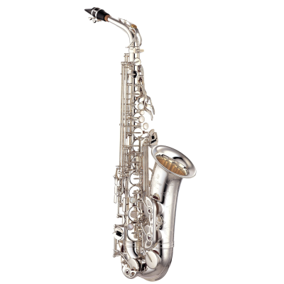 Saxofone tenor prateado com teclas e boquilha preta