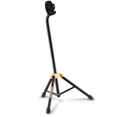 Suporte para guitarra preto e amarelo com tripé em fundo branco