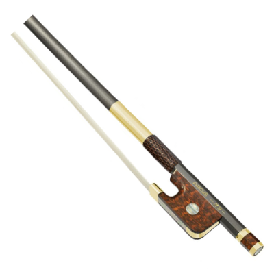 Arco de violino em madeira escura com detalhes em couro castanho e texto DROSS No. 2