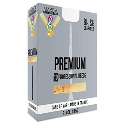 Embalagem cinza claro de palhetas para clarinete profissional com texto e imagem de palheta