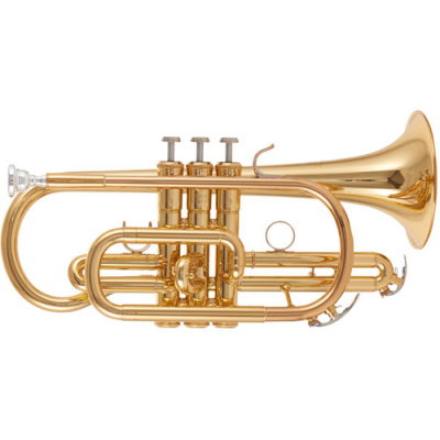 Corneta dourada de metal com três pistões e campânula larga
