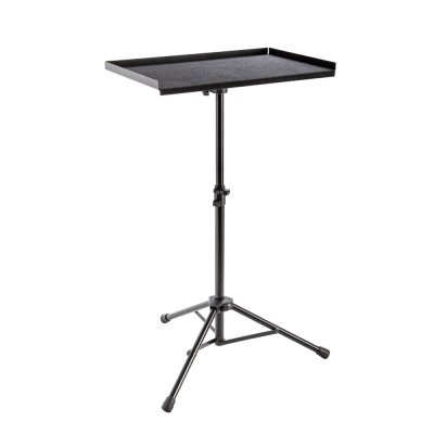 Mesa ajustável preta com tampo quadrado e estrutura metálica de tripé