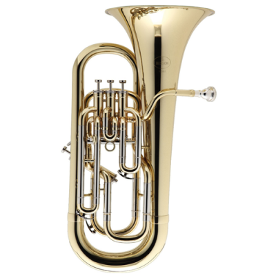 Eufónio dourado com pistões e boquilha prateada em fundo branco