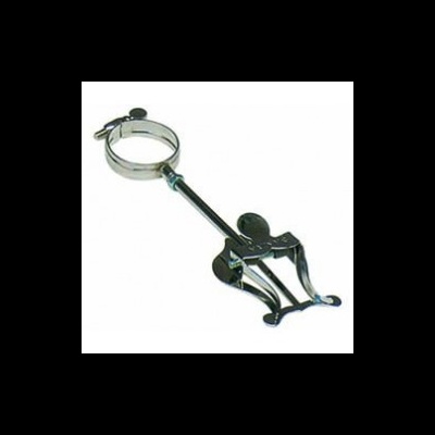 Suporte metálico prateado com abraçadeira e estrutura articulada