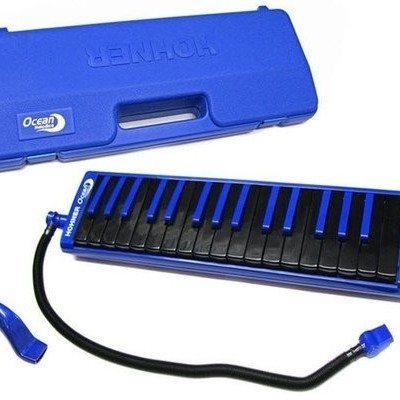 Escaleta melodica azul e preta com estojo rígido azul