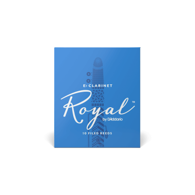 Embalagem azul de palhetas para clarinete E♭ com texto branco Royal by D'Addario