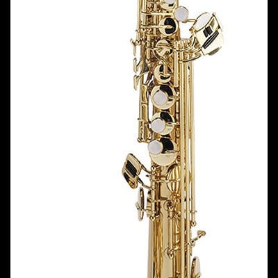 Saxofone soprano dourado num suporte de treino preto e amarelo