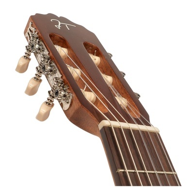 Cabeça de guitarra clássica em madeira castanha com tarraxas metálicas