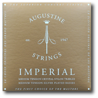 Embalagem castanha com texto branco de cordas musicais Augustine Strings Imperial