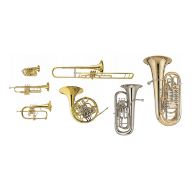 Sete instrumentos de sopro de metal dourados e prateados em fundo branco