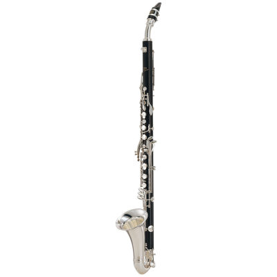 Clarinete saxofone preto com partes prateadas em fundo branco