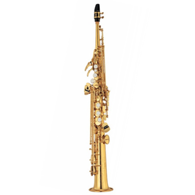 Saxofone soprano dourado com teclas brancas e bocal preto