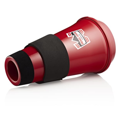 abafador acústico vermelho com faixa preta e logótipo da marca