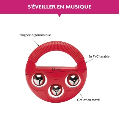 Brinquedo musical vermelho com pega ergonómica e três guizos metálicos