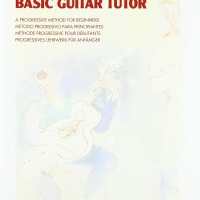Capa de livro Basic Guitar Tutor com texto em várias línguas e logotipos das editoras