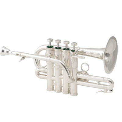 Trompete prateado com três pistões e boquilha destacada