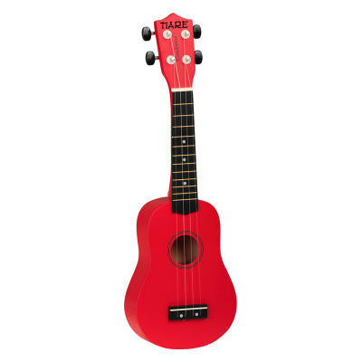 Ukulele vermelho com trastes e cravelhas pretas, fundo branco