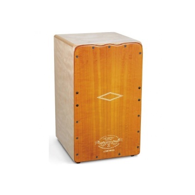 Cajón de madeira com frente laranja e detalhes brancos