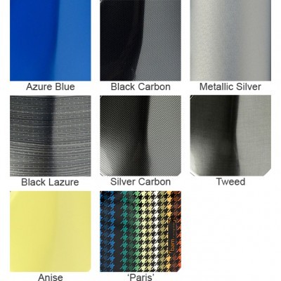 Nove amostras de materiais com várias cores e texturas, cada uma com etiqueta de nome