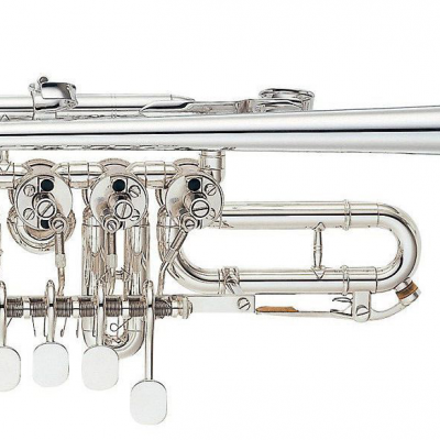 Trompete prateado com quatro pistões e botões brancos