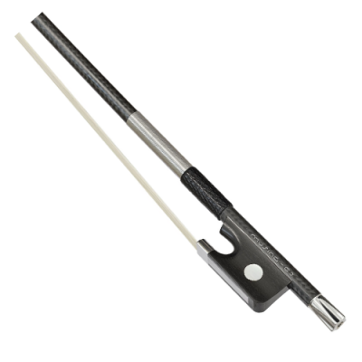 Arco para violino em madeira escura com vara clara e detalhes metálicos prateados