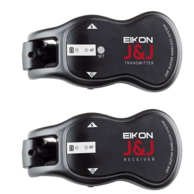 Transmissor e recetor Eikon J&J Wireless para guitarra em preto com texto vermelho e branco.