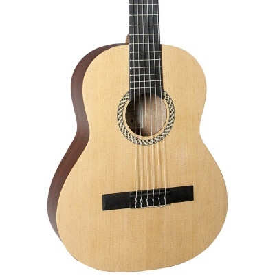 Guitarra acústica de madeira clara e escura com roseta decorativa