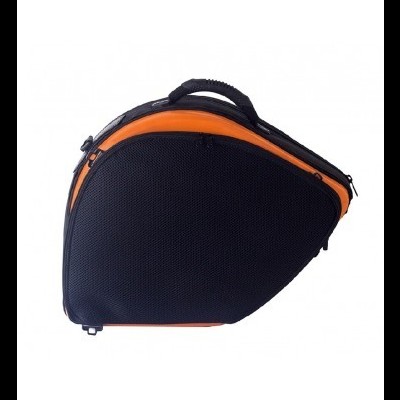 Mala rígida preta com detalhes laranja e asa de transporte