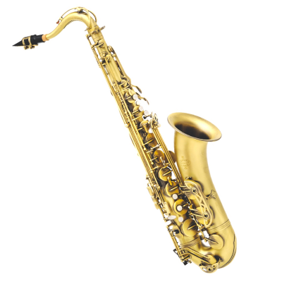 Saxofone tenor dourado com boquilha preta em fundo branco