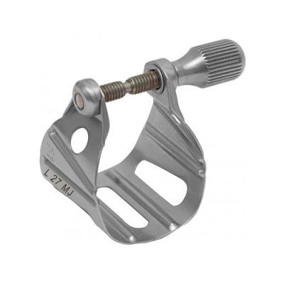 Ajustador metálico cinza prateado com parafuso e inscrições L 27 MJ