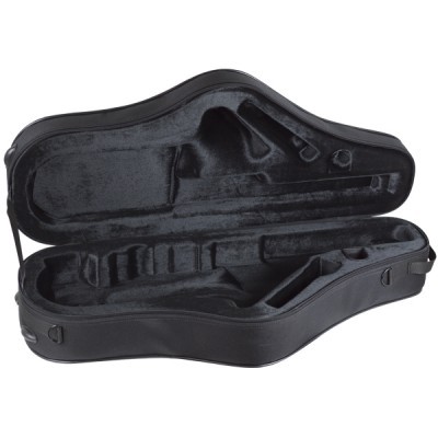 Mala de transporte preta para instrumento musical aberta com interior almofadado preto