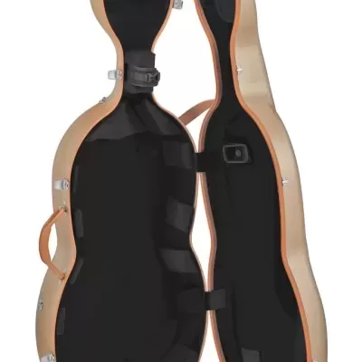 Estojo rígido aberto para violoncelo em bege com interior preto